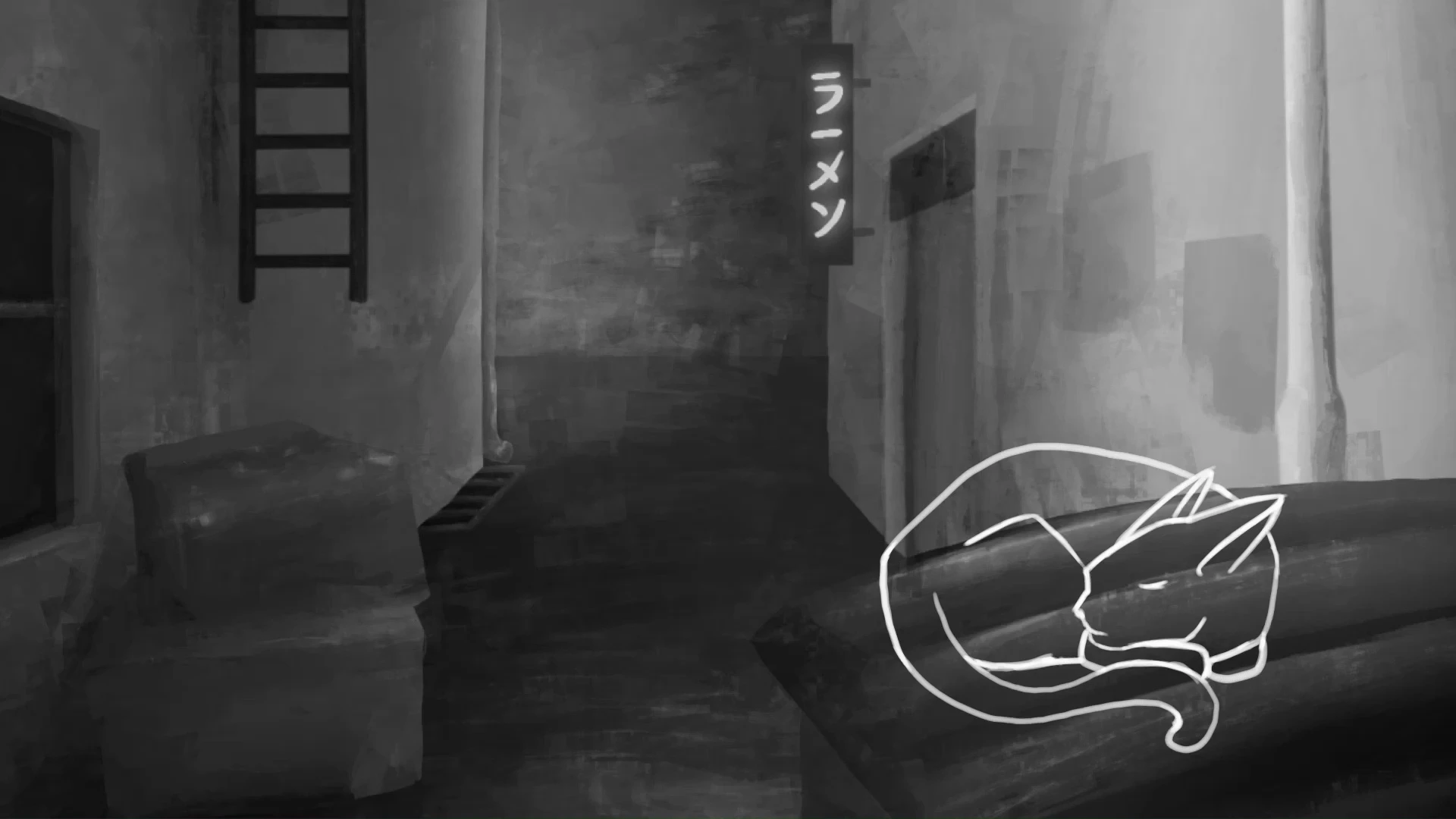 Greyscale painting of a cat sleeping on a trash can in a dark alleyway