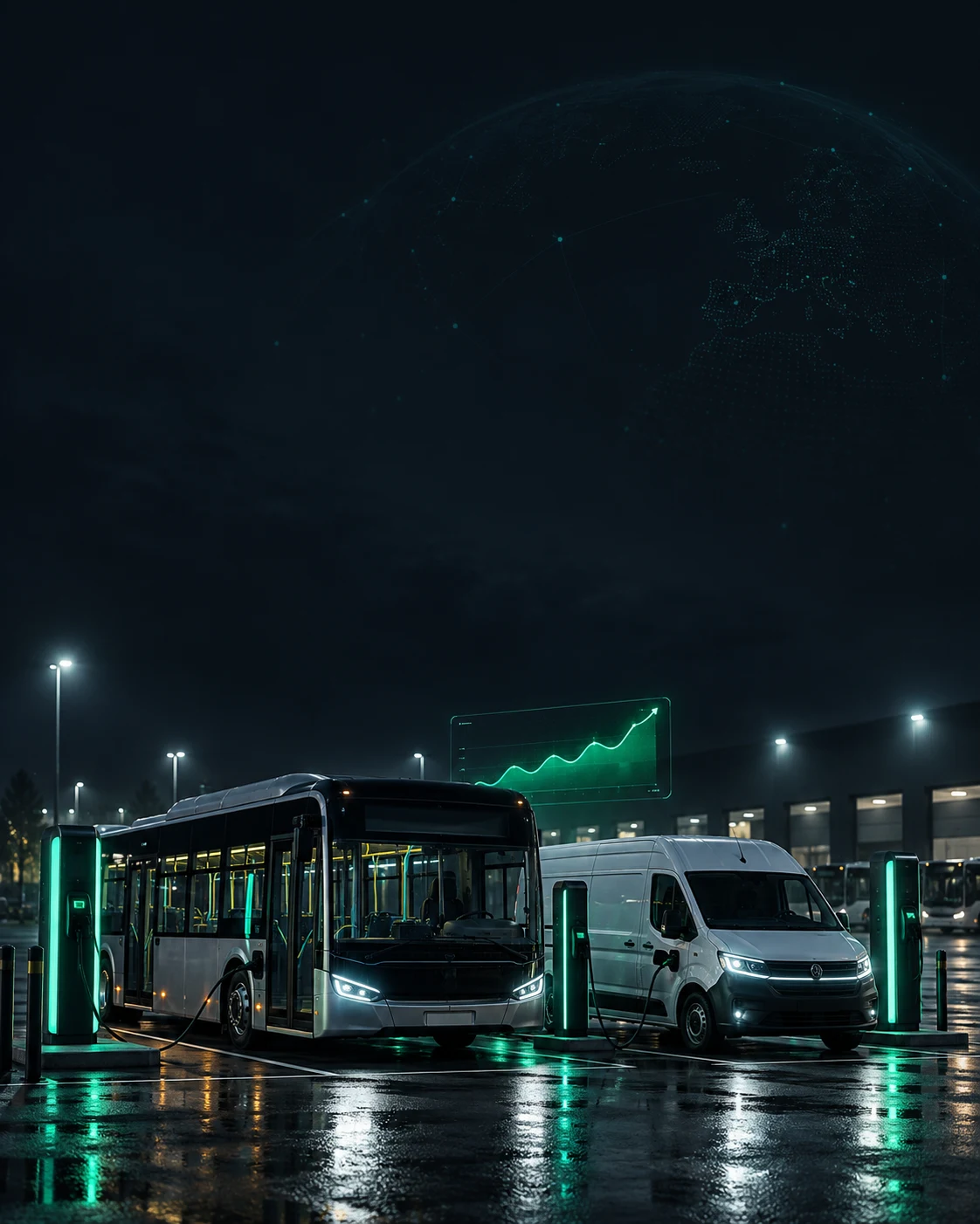 HabitIQ fleet savings dashboard above an electric bus and van at a charging depot