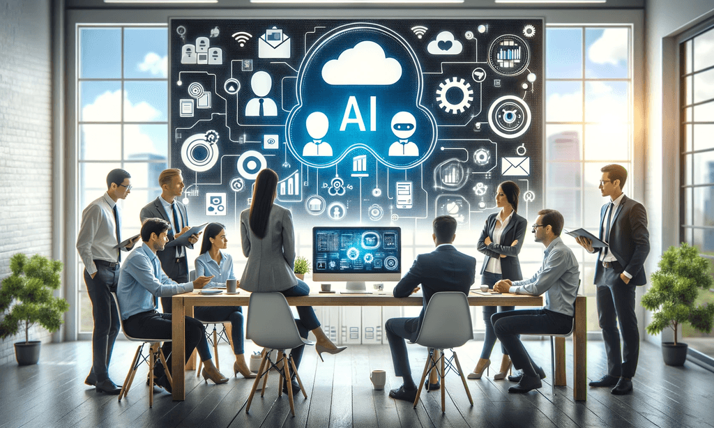 Professionisti di piccole e medie imprese attorno a un computer in un ufficio moderno, osservando strumenti di intelligenza artificiale e servizi cloud sullo schermo