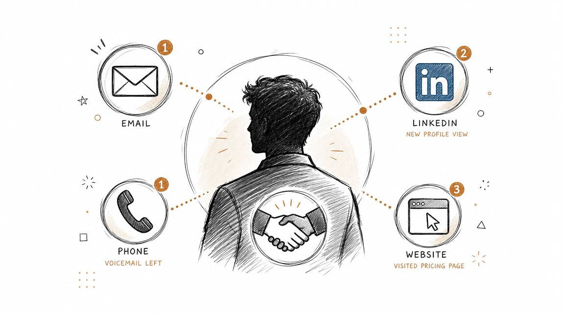 A hand-drawn illustration showing multi-channel B2B lead generation touchpoints including email, phone, LinkedIn, and website visits.