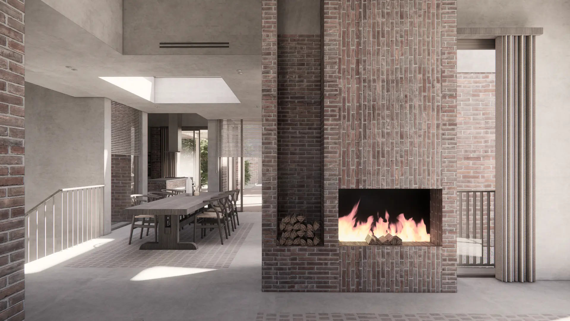 Brick fireplace with the dining area behind