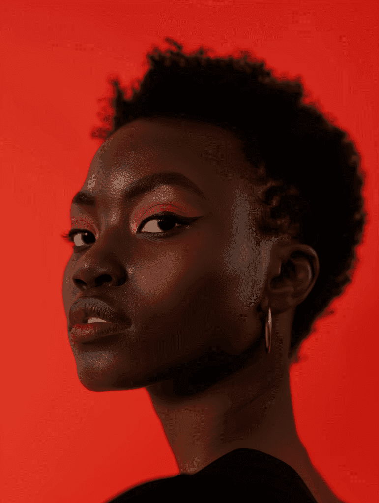 A woman with short, curly hair gazes confidently over her shoulder against a bold red background. Her makeup features red eyeshadow and eyeliner, exuding strength.