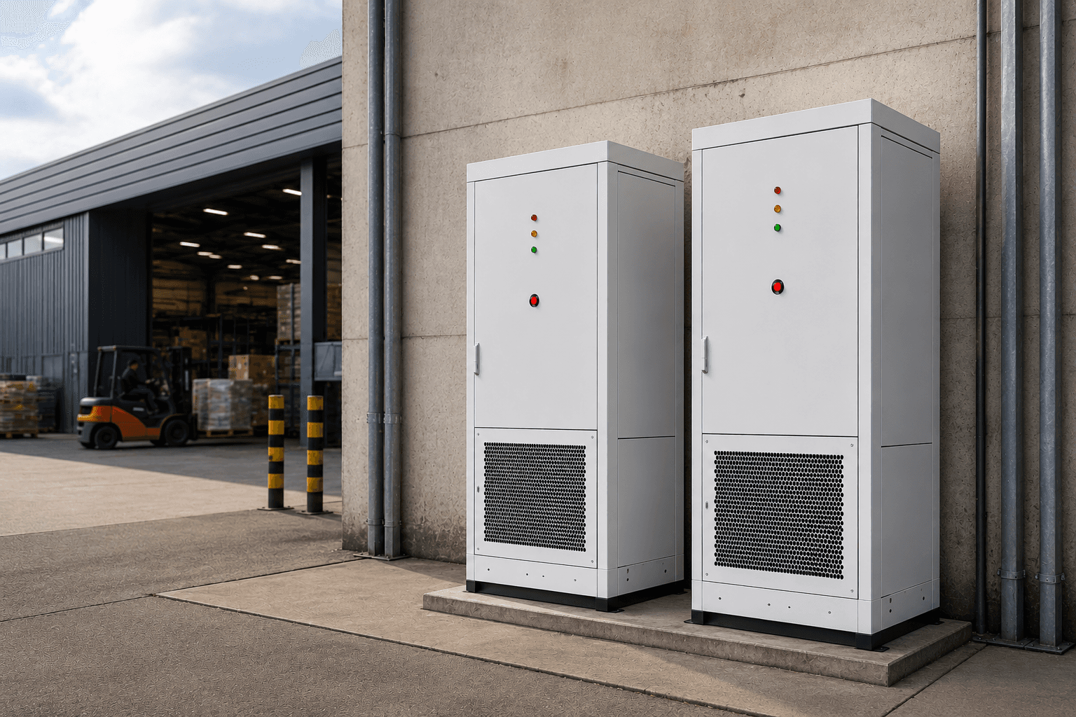 Zwei Gewerbespeicher an einem Industriegebäude. Gewerbliche Batteriespeicher senken Lastspitzen und lösen in den meisten Behind the Meter Anwendungen keinen Baukostenzuschuss (BKZ) aus.