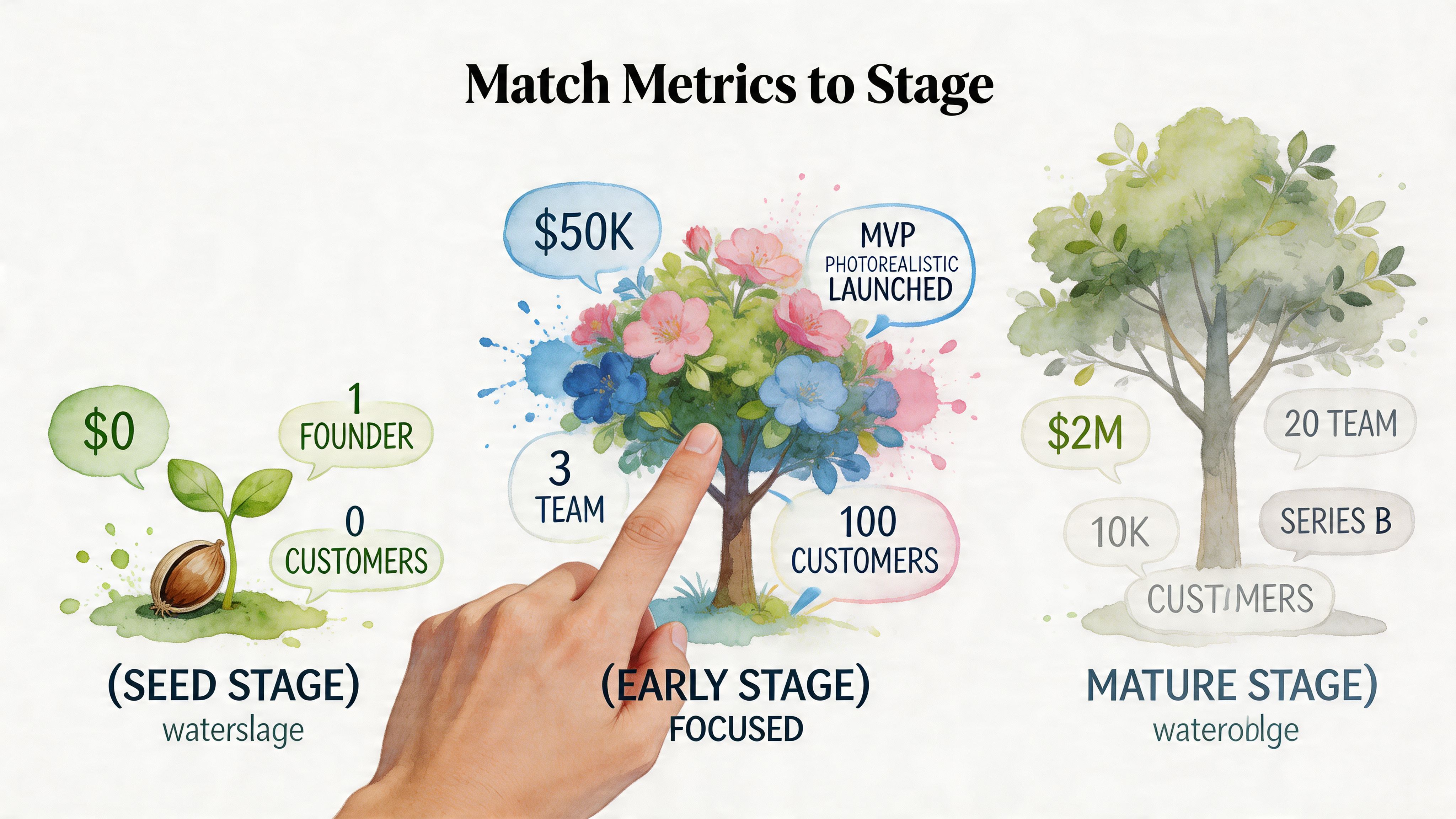 An infographic illustrating startup growth stages with data metrics for seed, early, and mature stage companies.