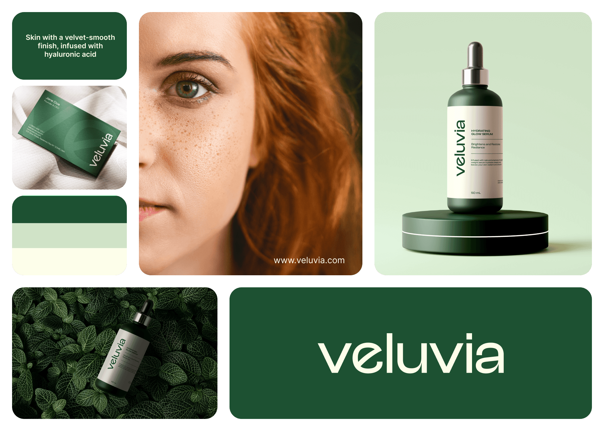 Natural skincare brand Veluvia with minimalistic dropper bottles and organic-themed visuals