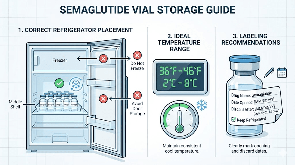 Proper semaglutide storage guide showing refrigerator temperature and placement recommendations