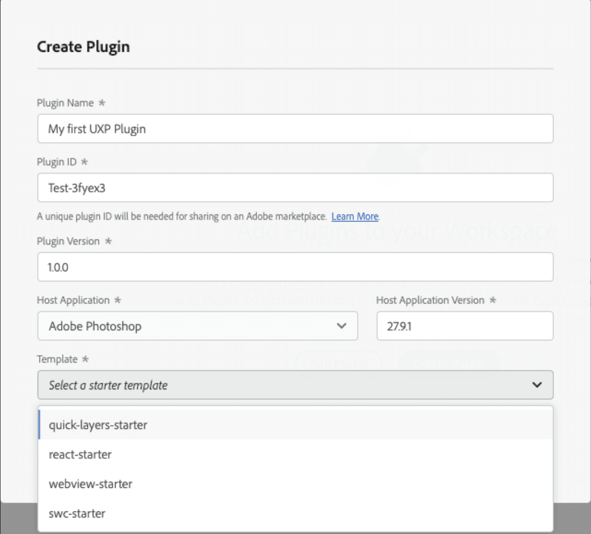 Adobe UXP Developer Tool create plugin screen with Photoshop selected as the host application.