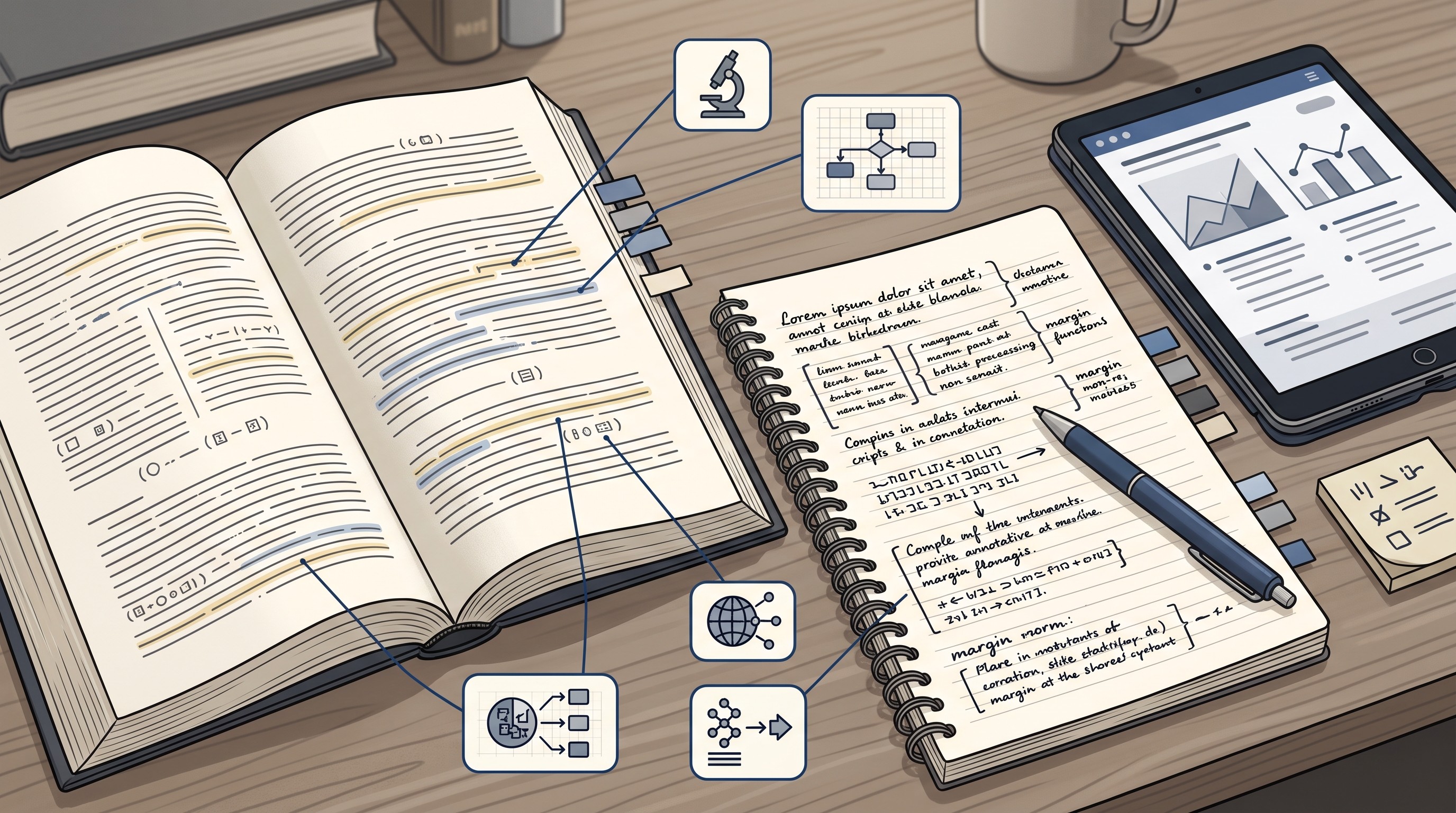 Bilingual academic notes beside a source document