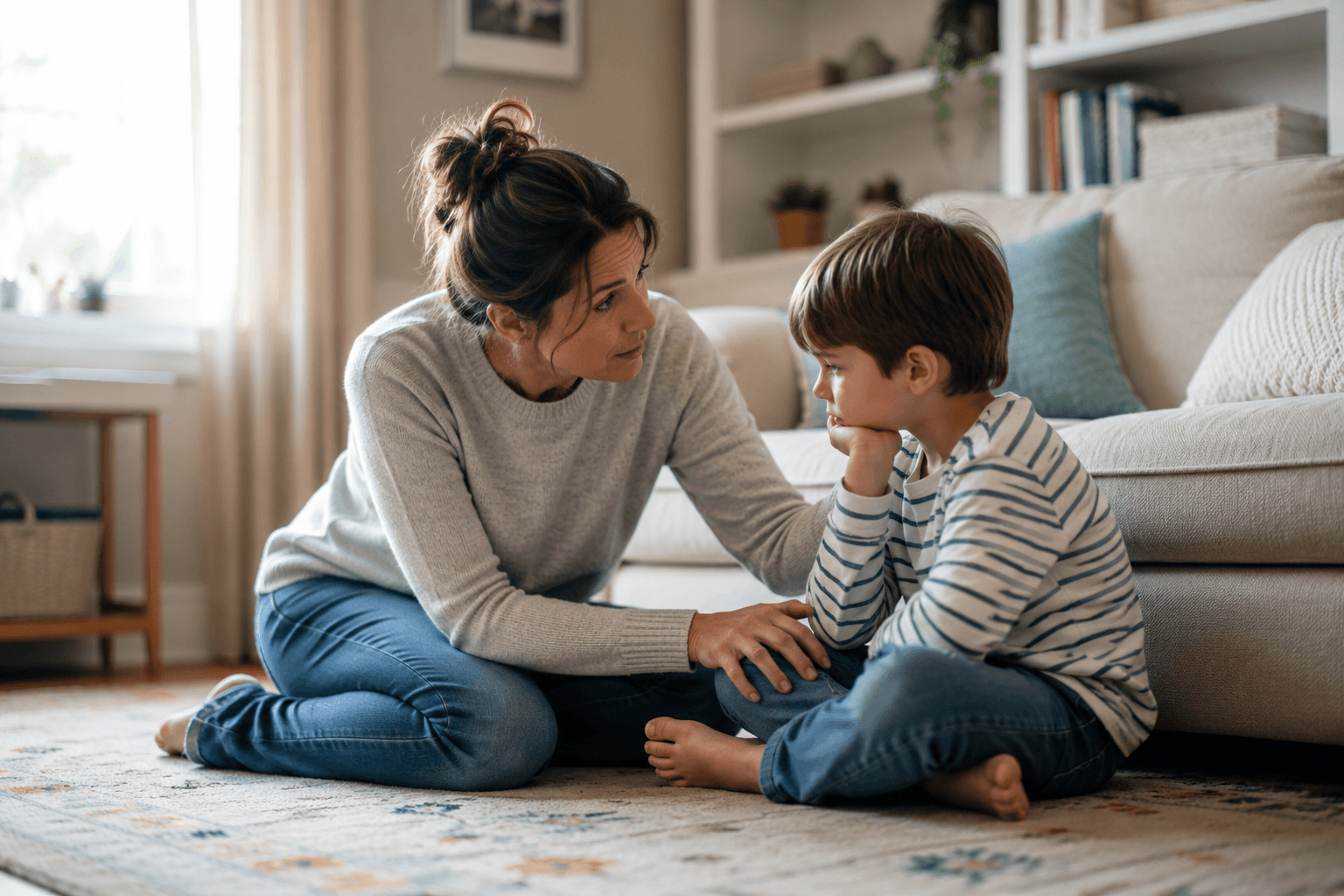 A mother using positive discipline strategies with her son, who is undergoing child counseling in Dallas.