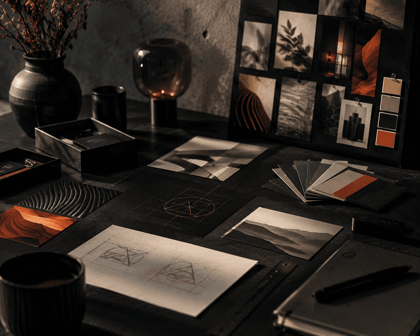 A dimly lit, sophisticated workspace is adorned with artistic photography and design materials, including a corkboard filled with monochrome and earthy-toned images, a selection of paint swatches, and geometric sketches, creating an ambiance of creativity and inspiration.