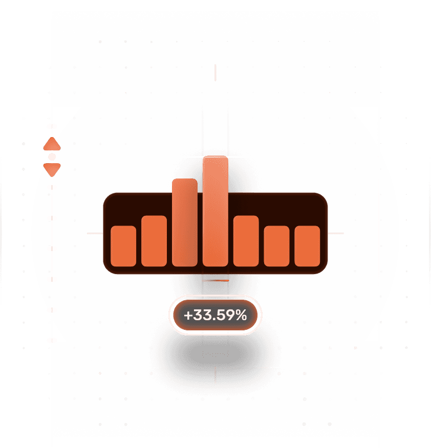 Animated bar graph showing a 33.59% increase. Data visualization.