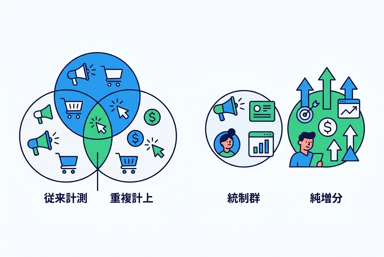 従来のアトリビューション分析では広告経由の成果をすべて広告効果として計上するため、「もともと購入予定だった人」も含んでしまう。インクリメンタリティ計測では統制群との比較により、広告による純増分のみを抽出する。