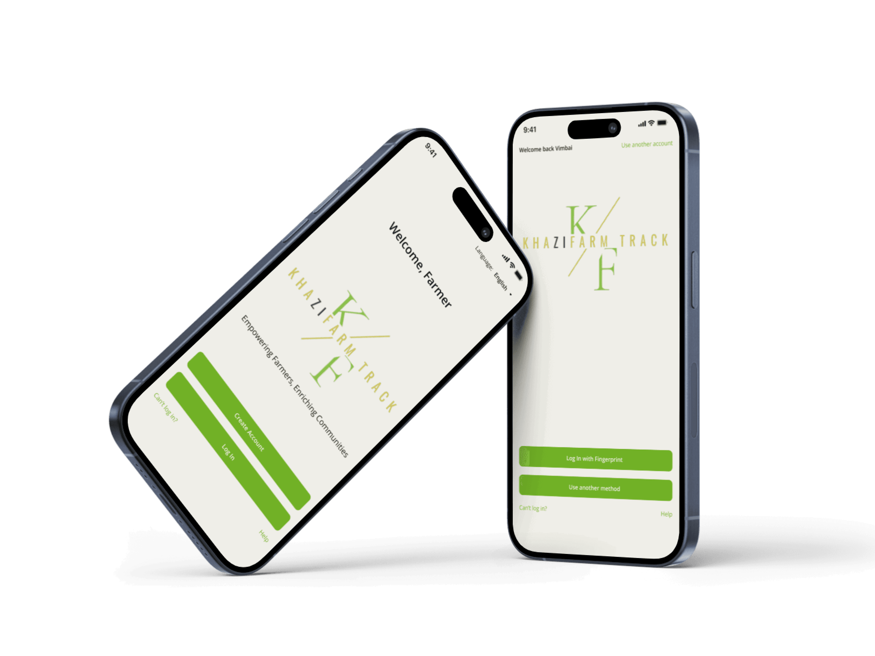 Mockups showing the login pages for KhaziFarm Track