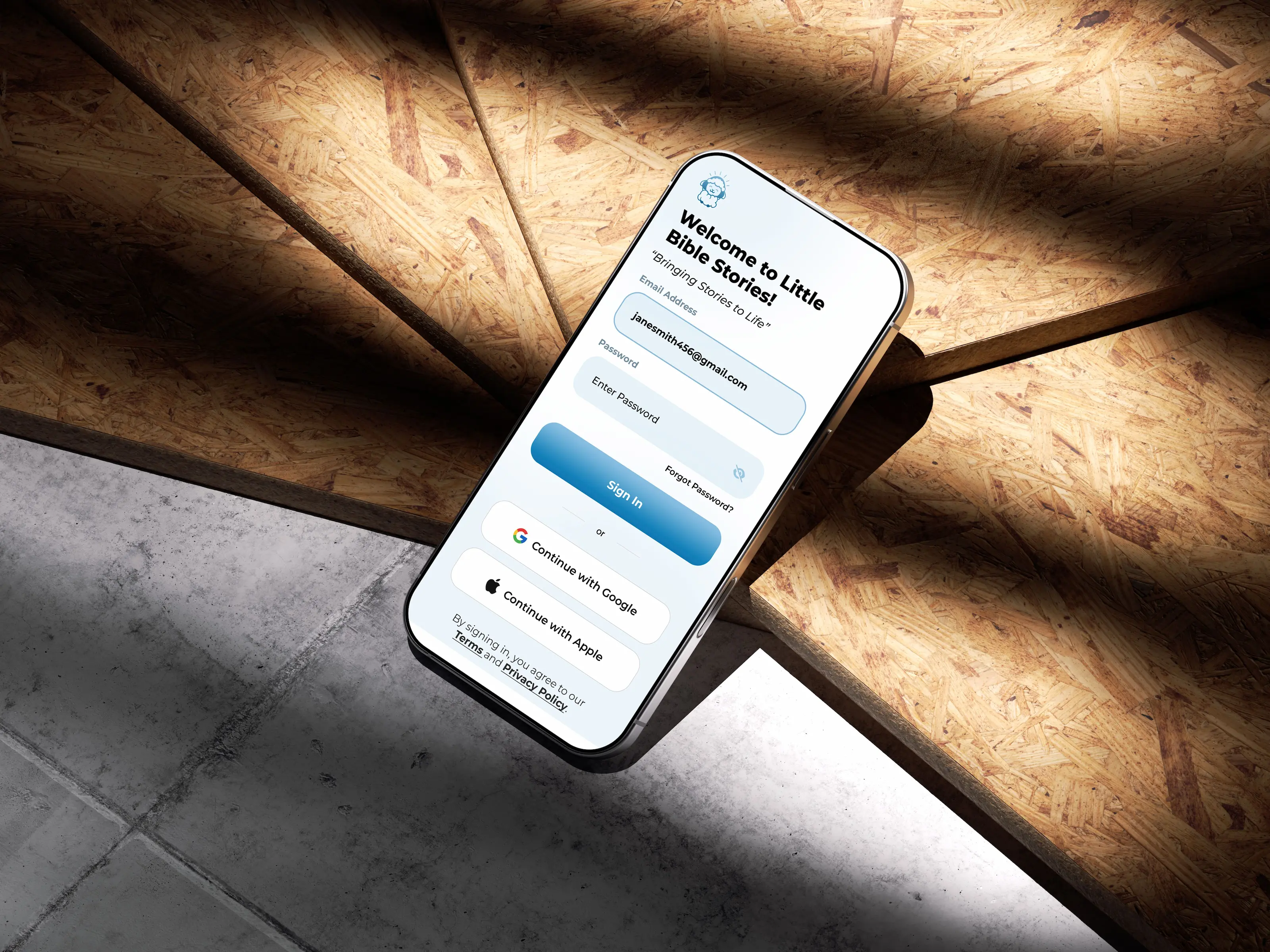 A smartphone displaying an app interface, held against a dark background with textured surfaces.