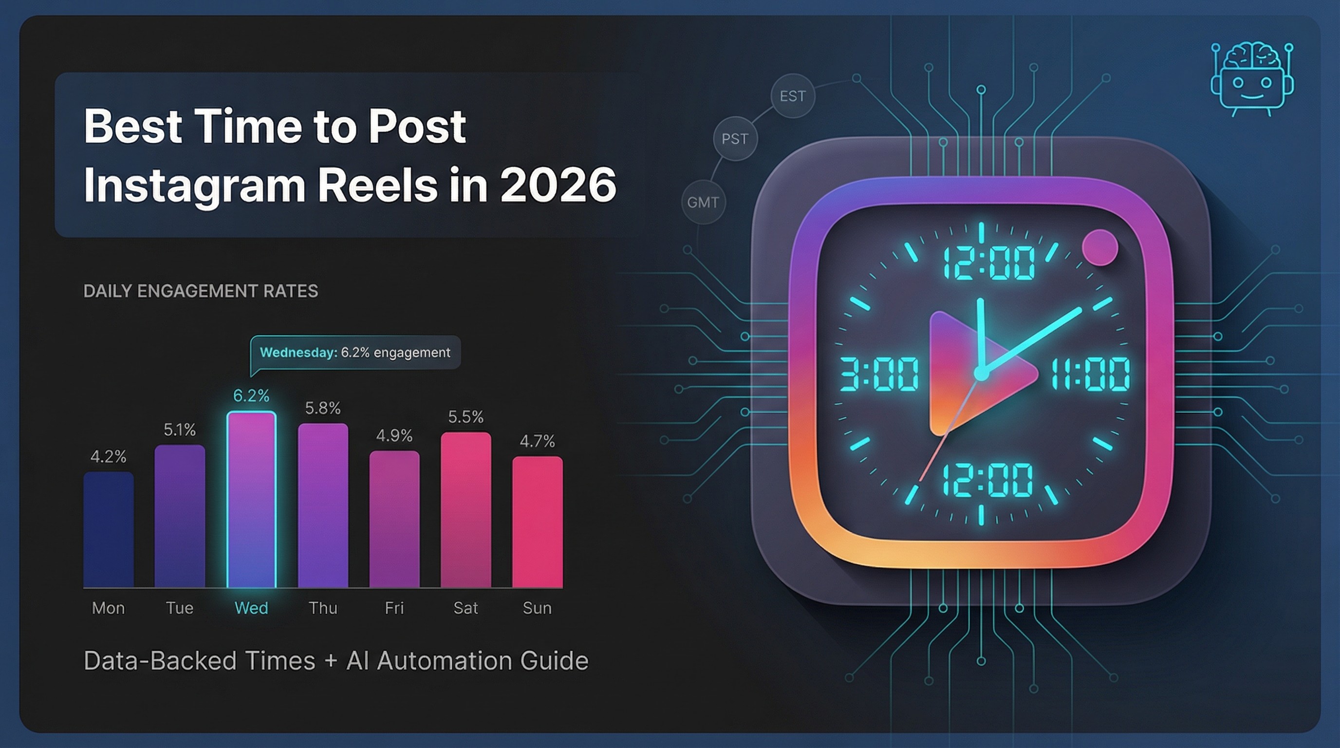 Best time to post Instagram Reels in 2026 - data-backed engagement rate chart showing Wednesday (6.2%), Thursday (5.8%), and Saturday (5.5%) as top performing days with AI automation guide.