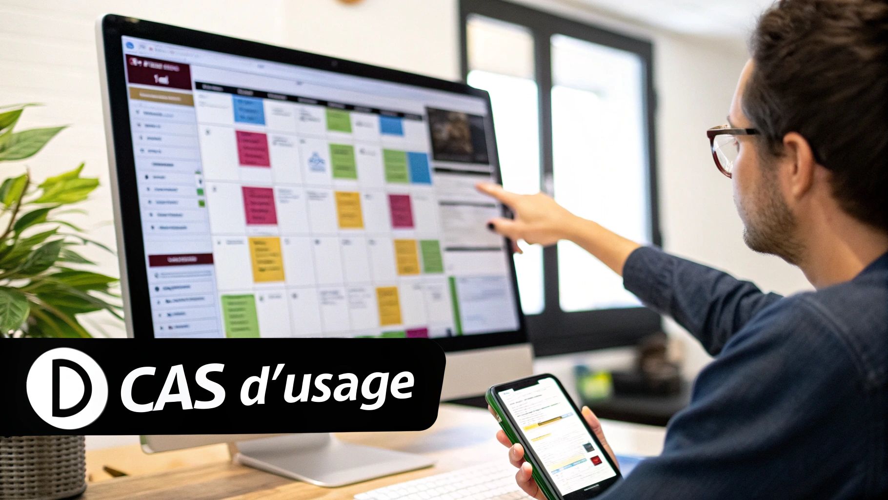 Un homme pointe un calendrier numérique sur un écran d'ordinateur, tenant un smartphone, illustrant un cas d'usage.