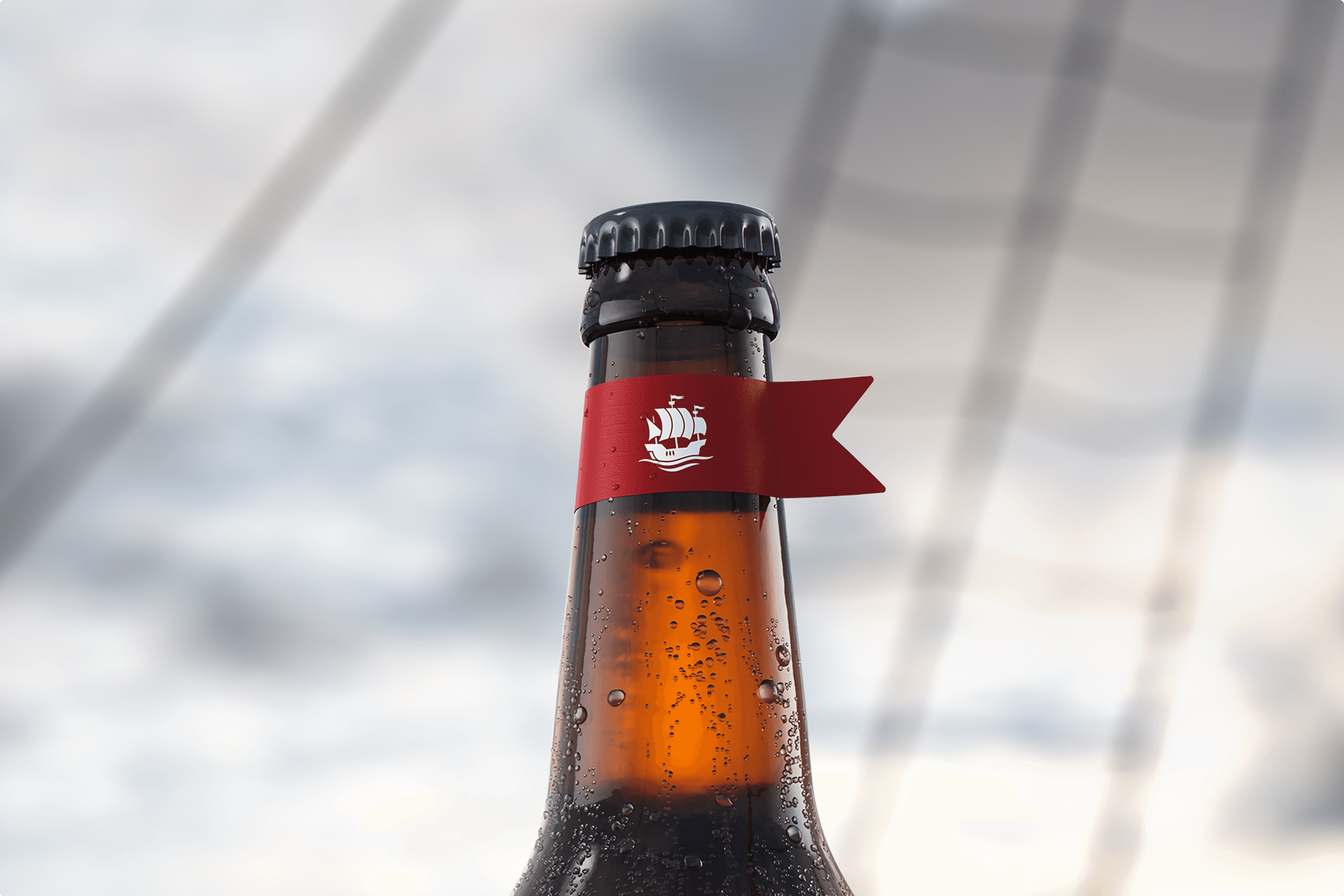 Beer bottle with red flag and ship logo