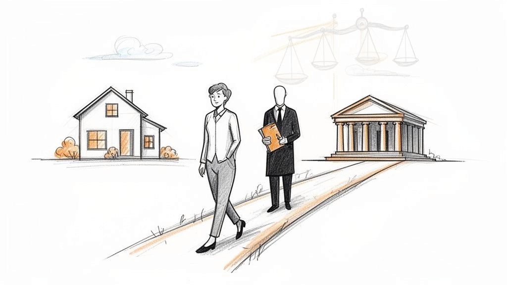 An illustration of a woman and a lawyer walking from a house towards a courthouse with scales of justice.