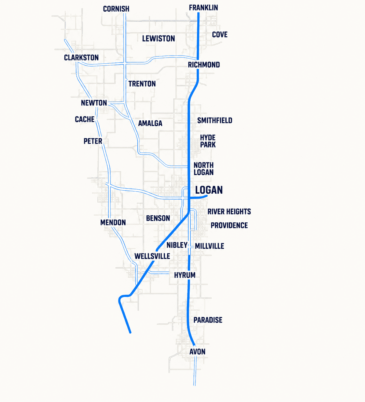 Map of communities in Cache County, including Logan, Smithfield, Providence, Nibley, Hyrum, and Wellsville.