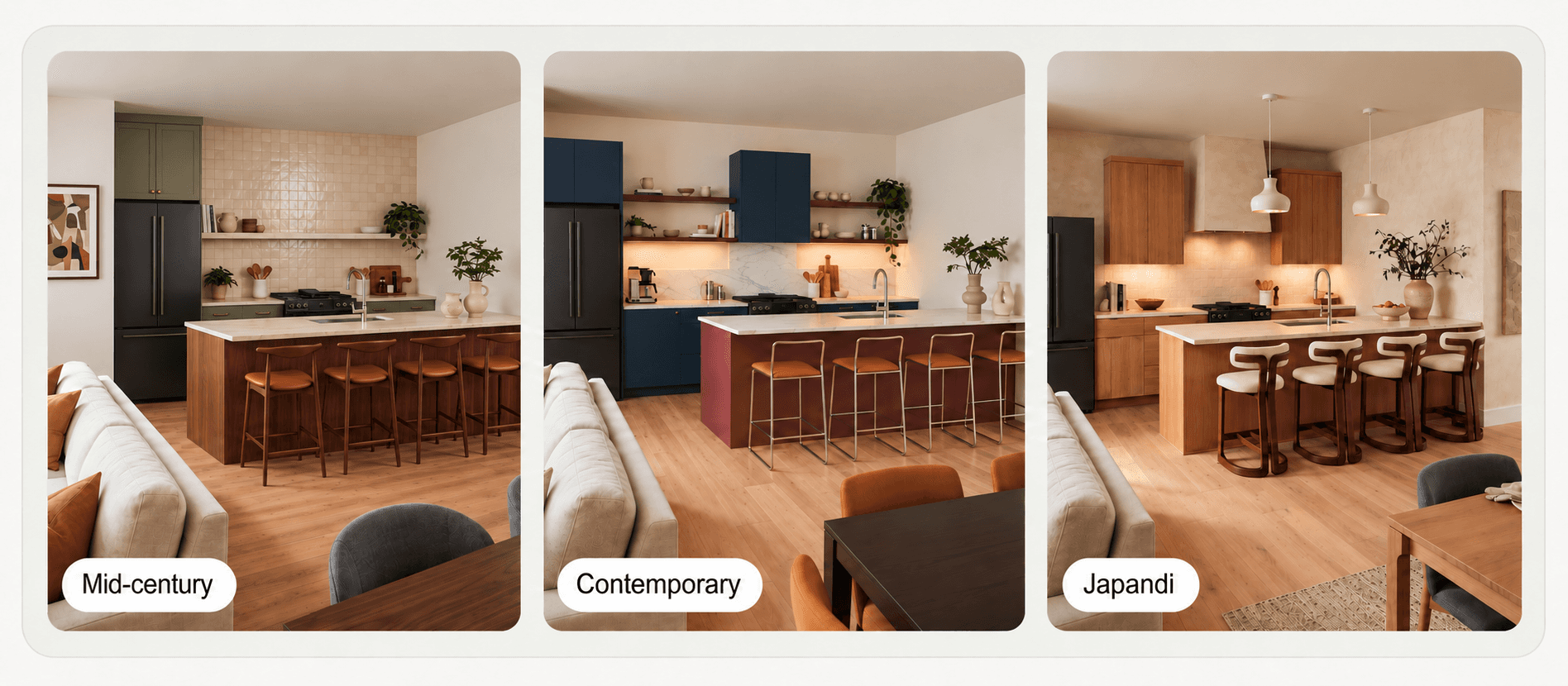 Mid-century, contemporary and Japandi styles and finishes