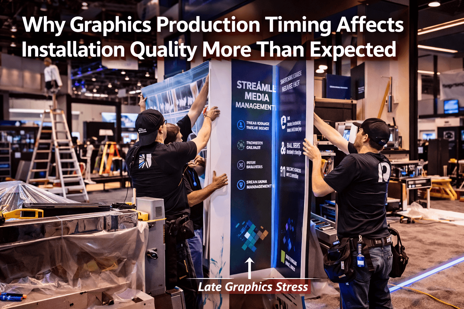 Trade show booth graphics installation with late-arriving printed panels, active install crew, and finish work under schedule pressure in Las Vegas