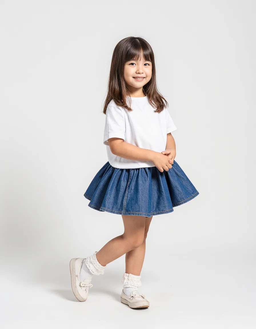 Studio photography featuring a child in a classic white t-shirt and denim skirt outfit against a clean white background.