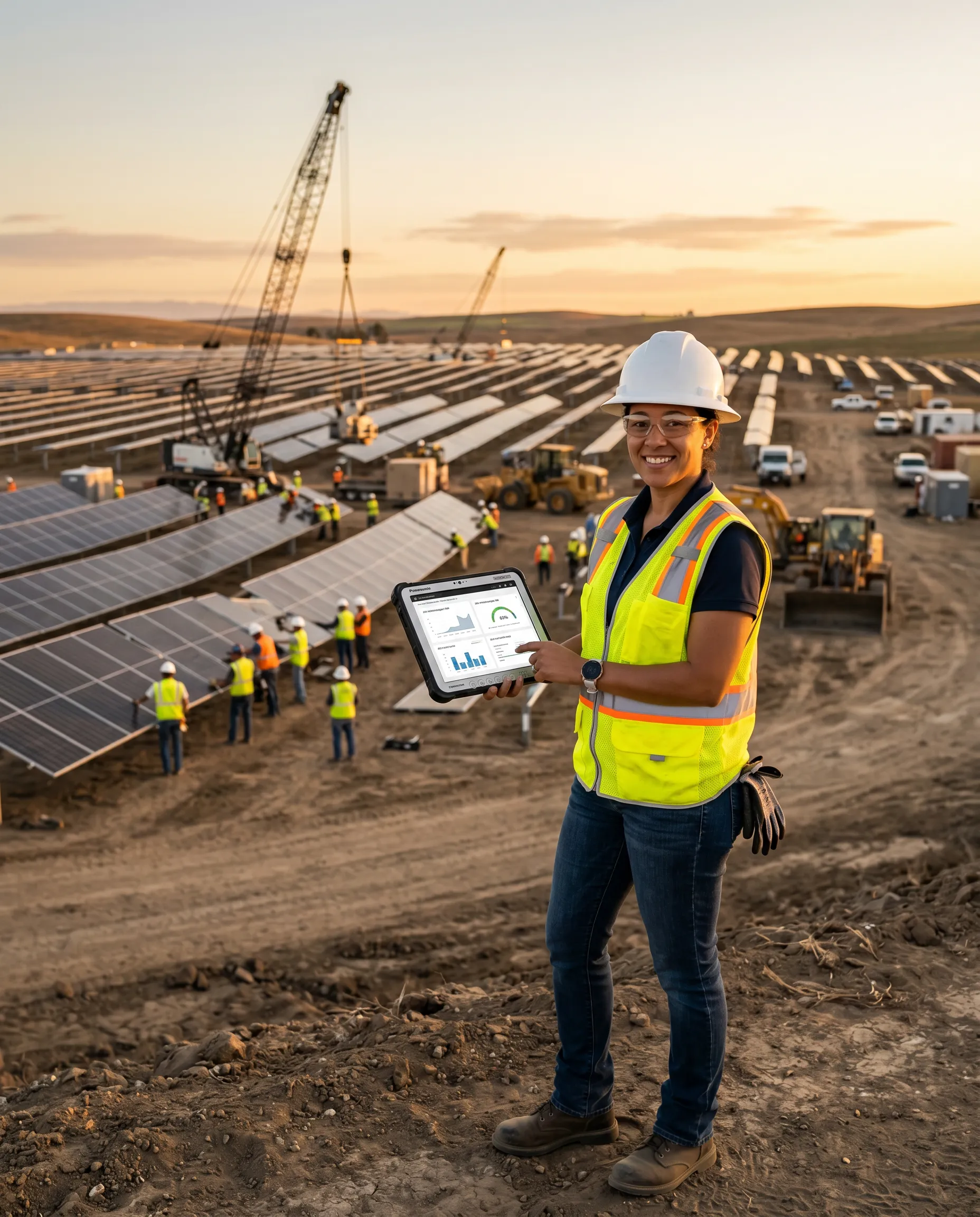 Worker in a hard hat and safety vest holding a tablet at a solar farm construction site, with rows of solar panels, cranes, and crew members working in the background at sunset.