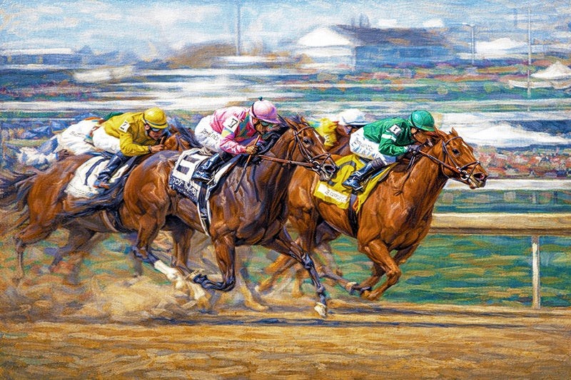 Horses on the fast track tpushing for the win with a nice background