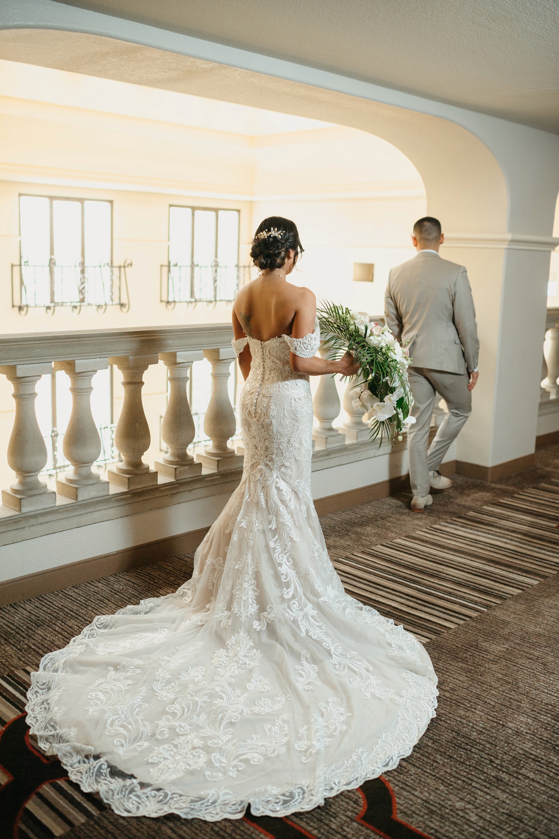 Bride and groom balcony portraits at a Westlake Village hotel