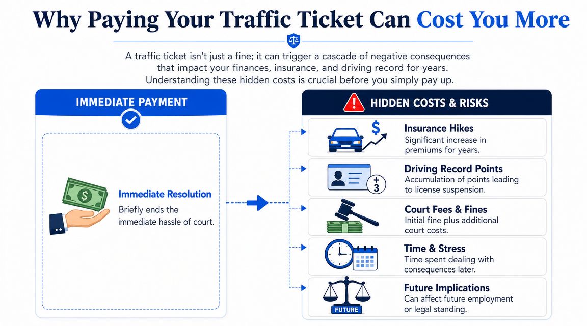 An infographic showing that paying a traffic ticket immediately can lead to long-term hidden costs and risks.