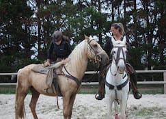 Deux cavalières souriantes en pleine séance de travail à cheval en extérieur dans l'Hérault.