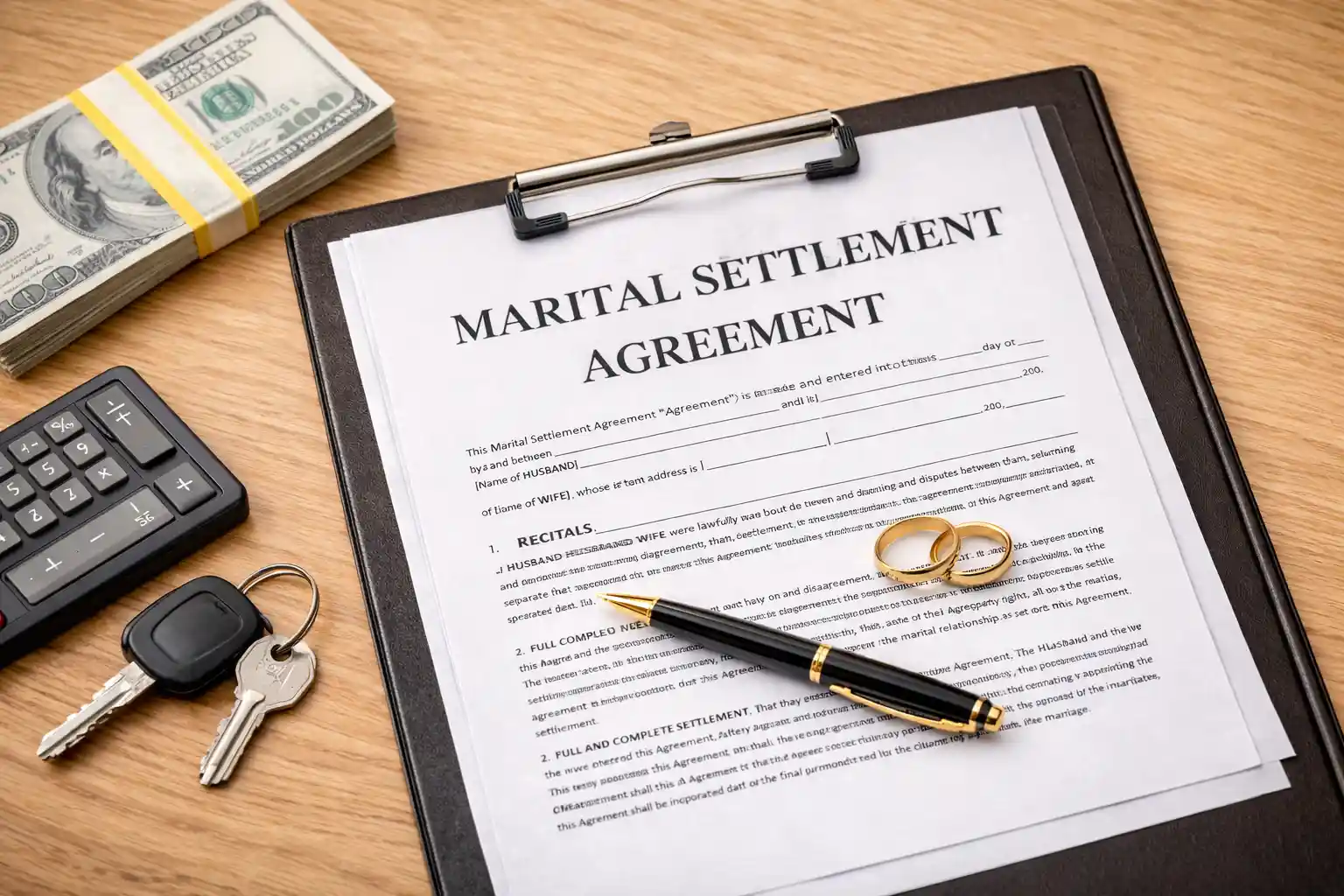 Overhead view of a marital settlement agreement clipped to a black clipboard on a light wood desk, with visible printed text, a pen, two wedding rings, a calculator, house keys, and stacks of cash, symbolizing financial and legal decisions in a divorce settlement