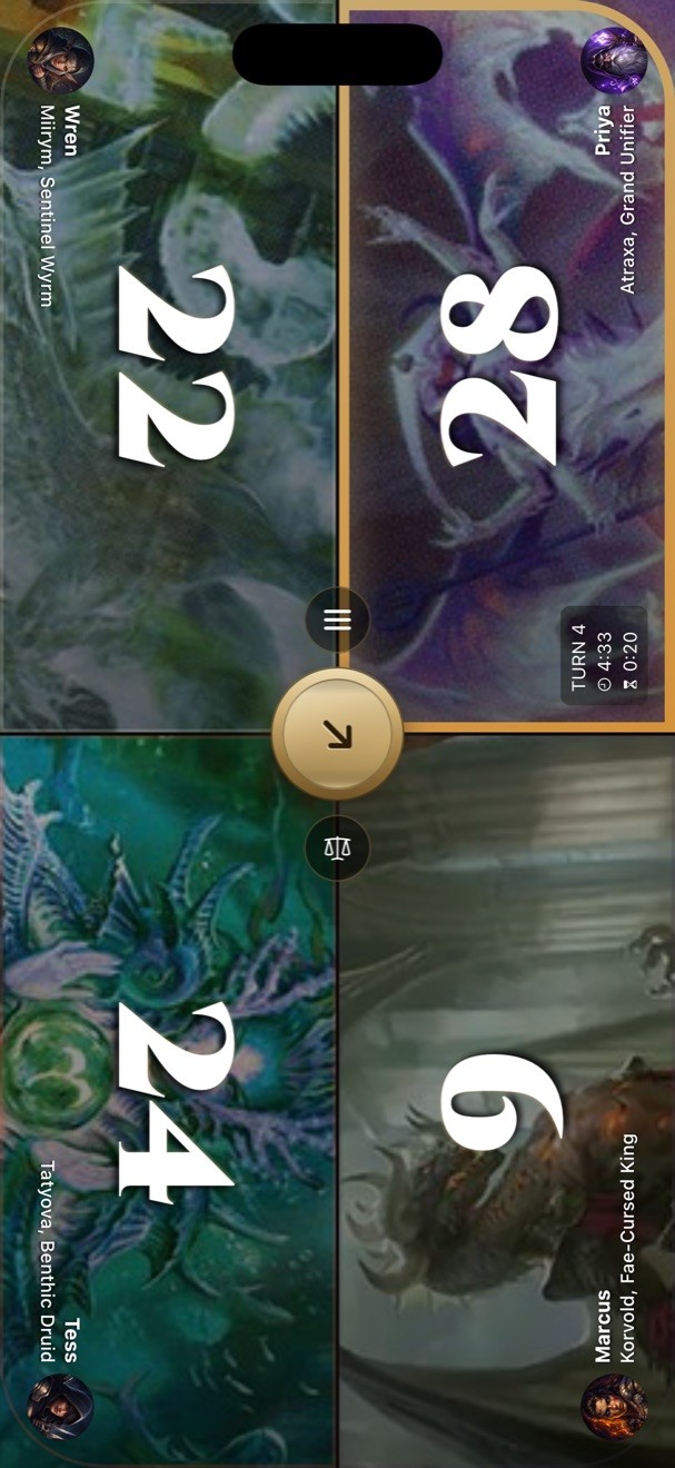 The game board mid-game: four players, each tile showing their commander's art and life total