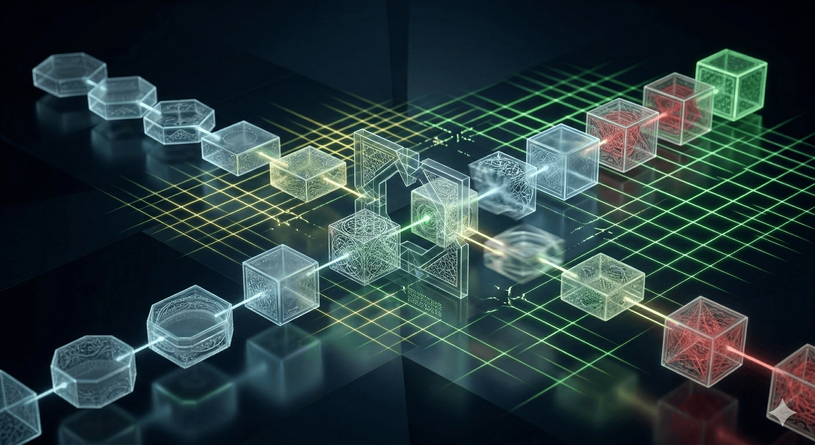 The image depicts a complex digital network of transparent cubes and hexagons interconnected by glowing yellow, green, and red gridlines, illustrating the intricate pathways and processes in AI reasoning models.