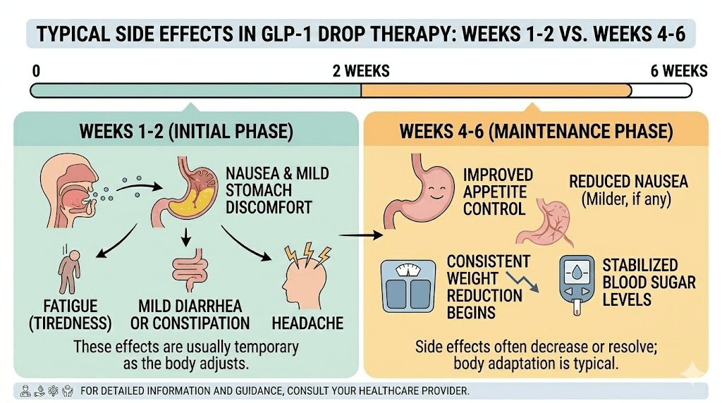 GLP-1 drops side effect timeline showing improvement from week 1 through week 6
