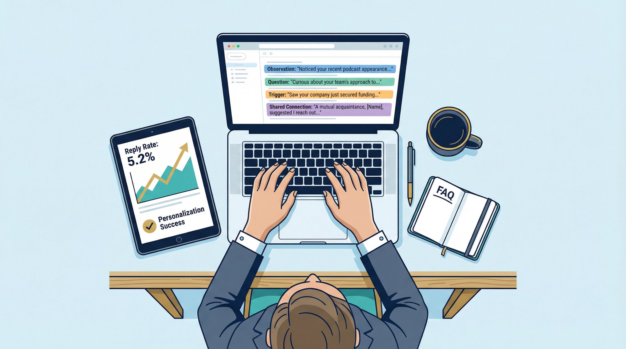 Professional business person analyzing cold email first line strategies with personalization dashboard showing reply rates and optimization metrics on laptop screen