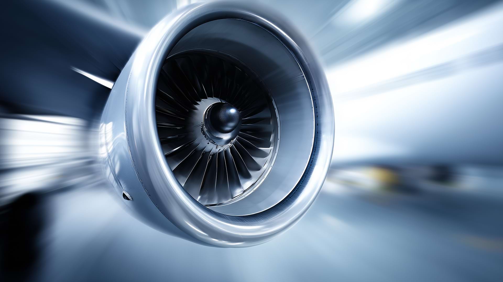 Close-up of a jet engine turbine with metallic blades in motion, creating a sleek futuristic feel. Blurred background suggests speed and advanced technology.