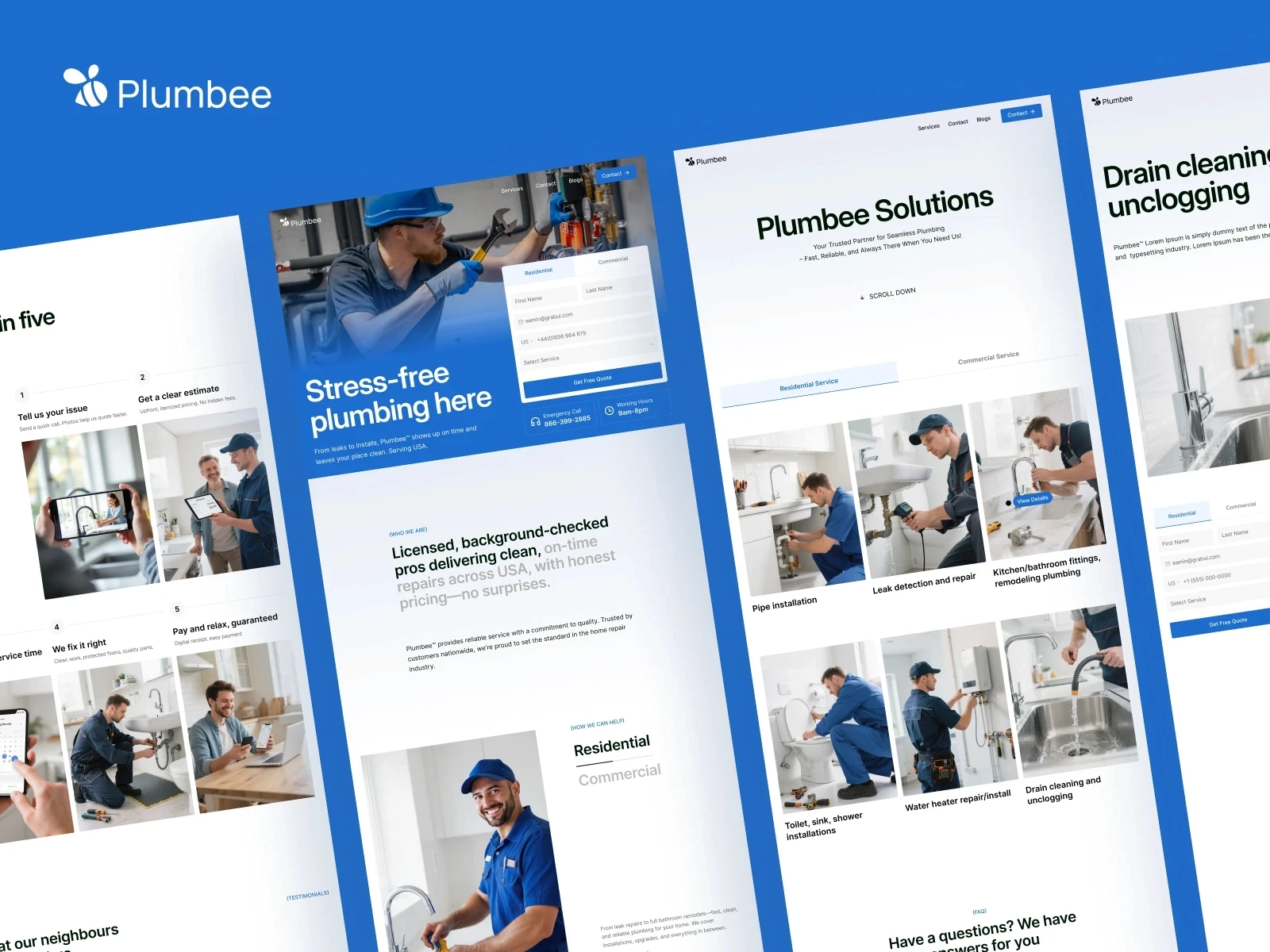 Plumbee plumbing website design featuring blue UI, service photos, and booking forms.
