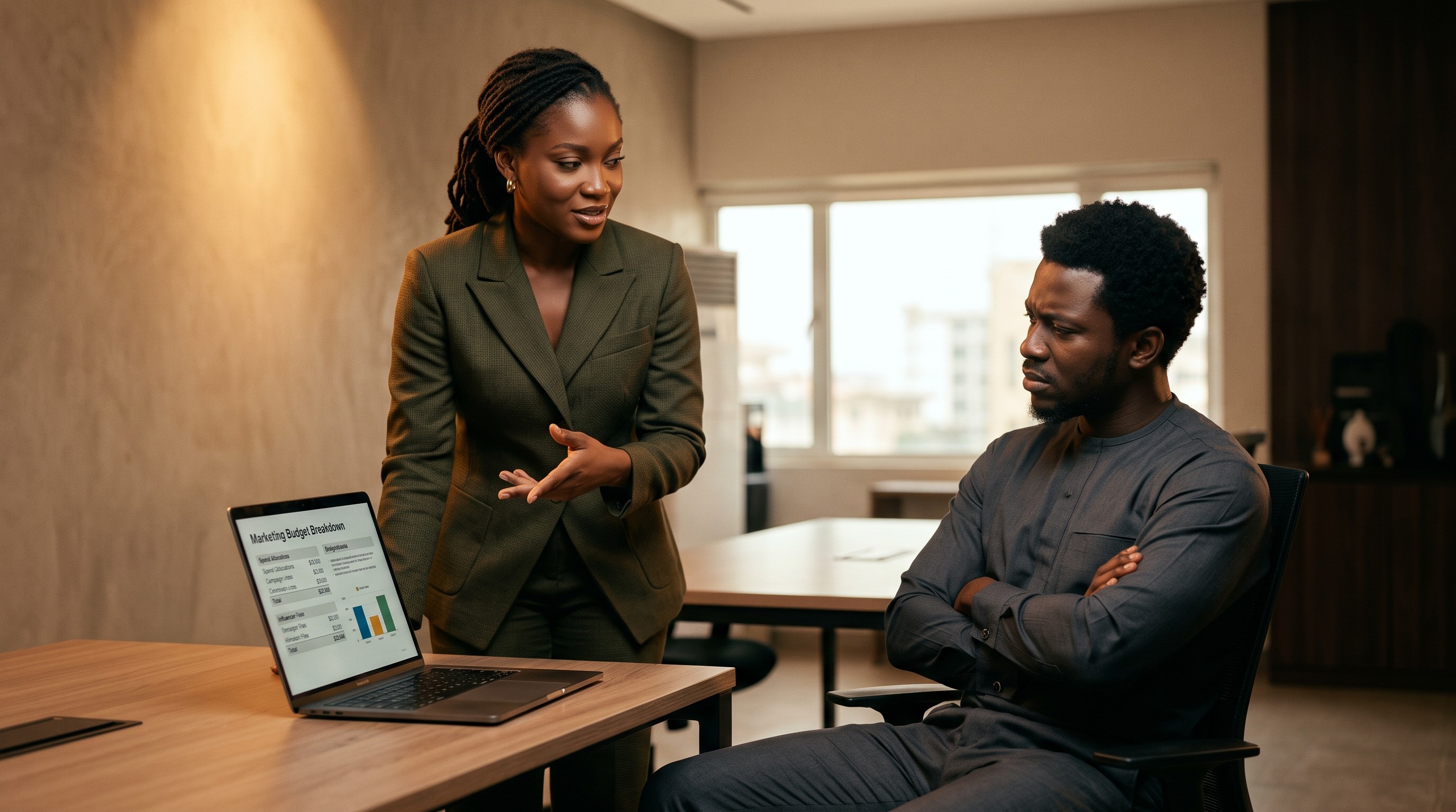 A marketing lead presents a marketing budget breakdown to the company CEO