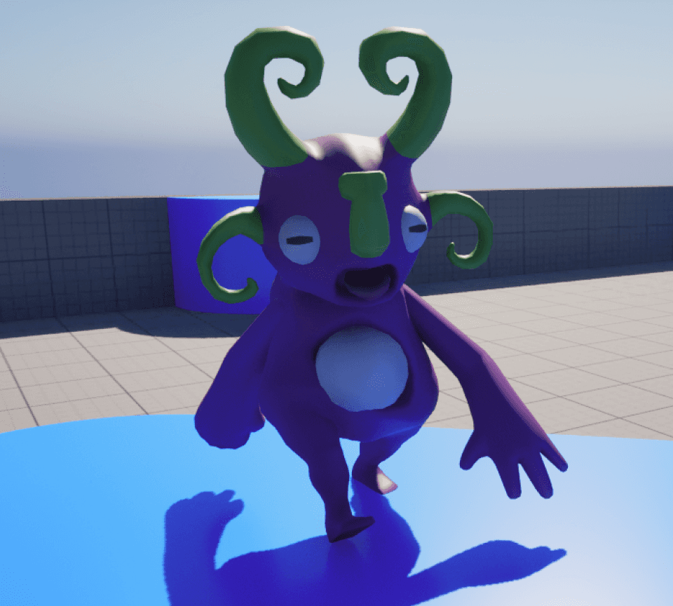 “Stylized purple cartoon creature with a white belly and green curled horns walking forward on a flat surface in a simple 3D environment, with its mouth open and arms slightly extended.