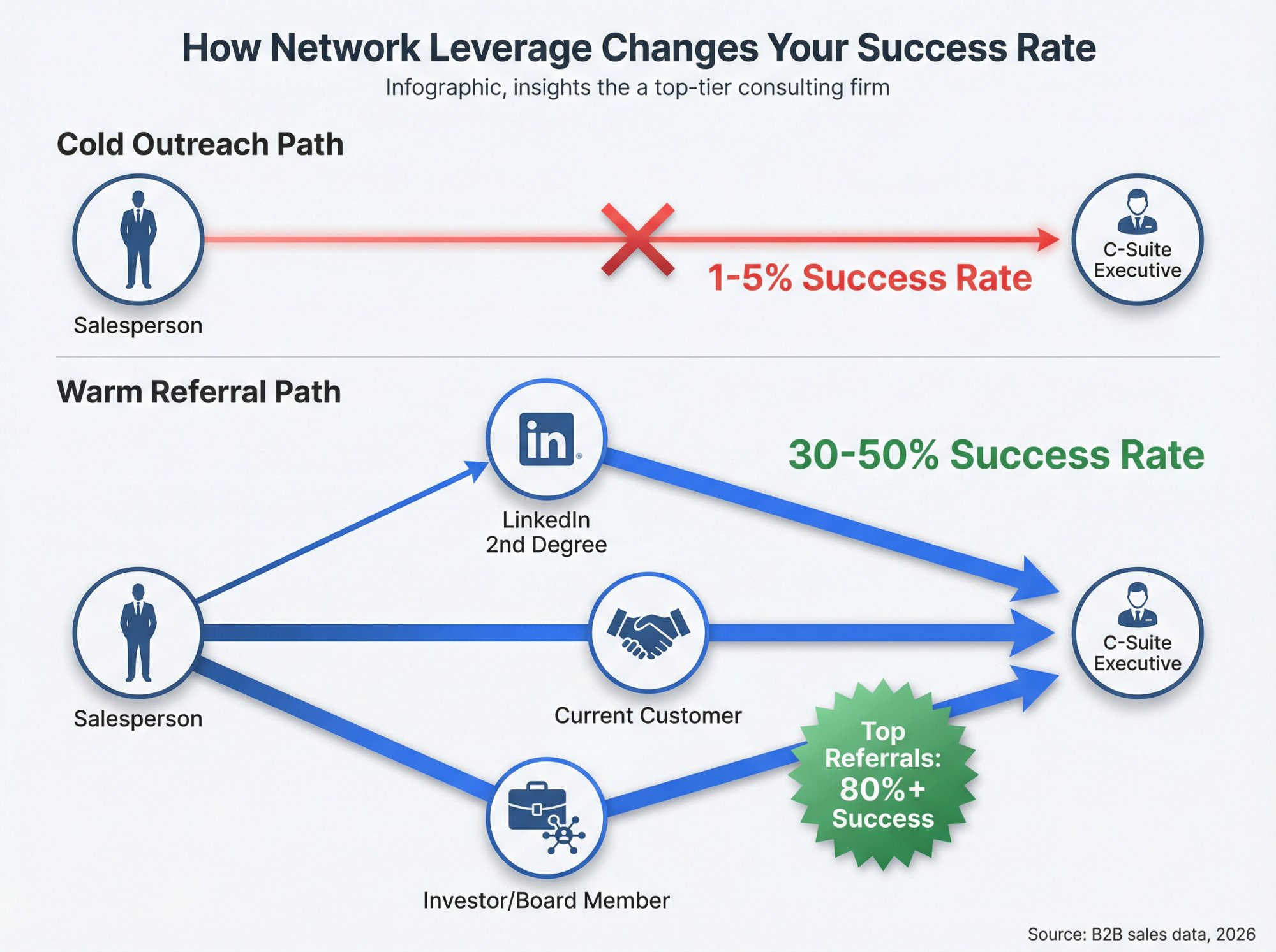 Network diagram comparing cold outreach (1-5% success) versus warm referral pathways (30-80% success) to C-suite executives