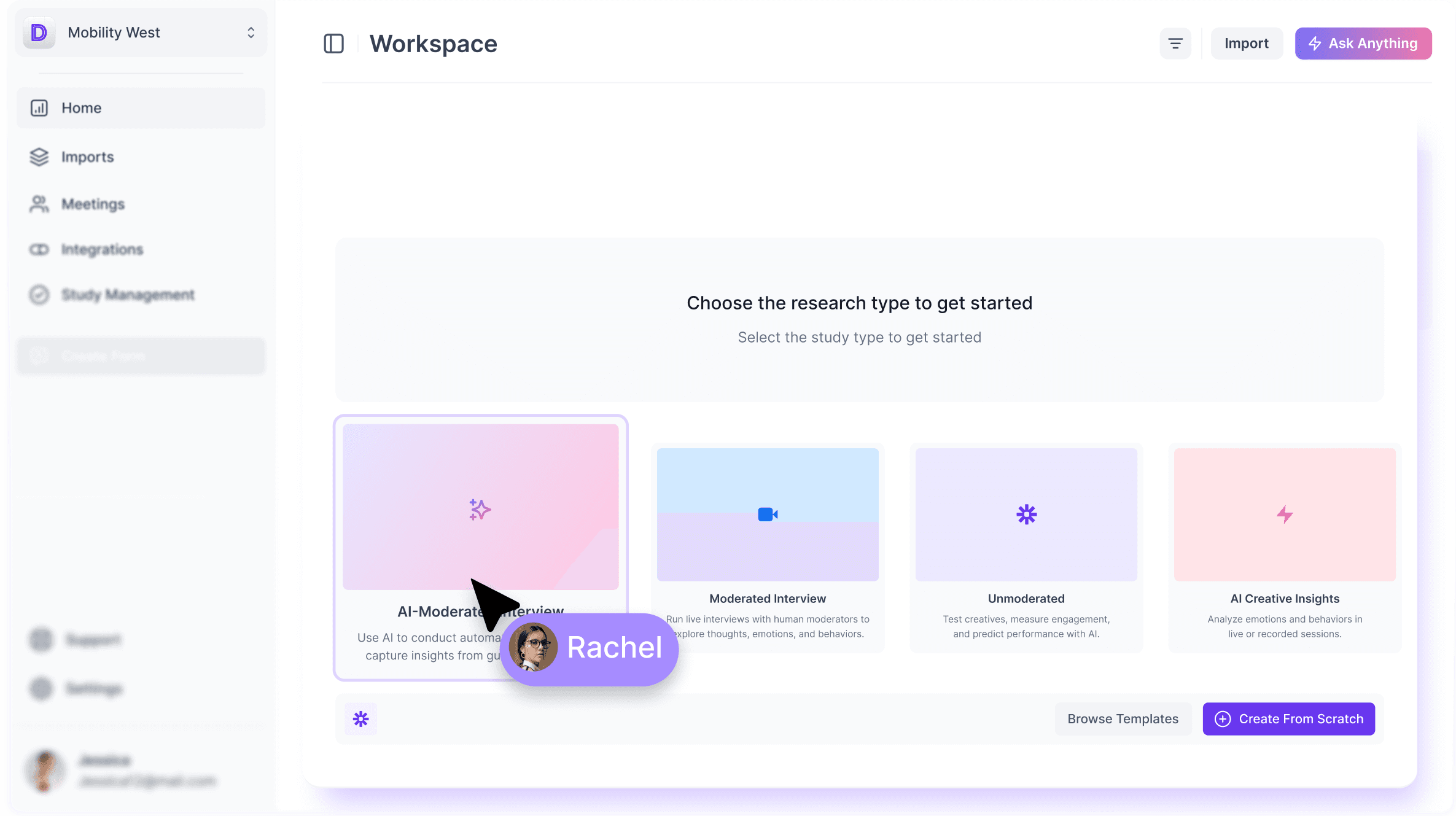 a mouse click with user checking ai moderated interviews in decode product workspac.