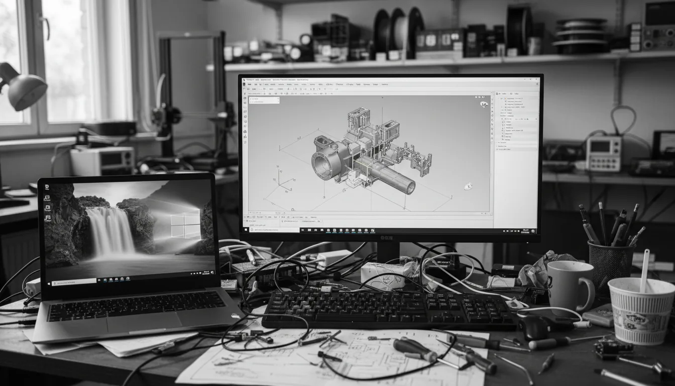 A black and white DSLR photo of a cluttered engineering workspace, eye-level view. The focus is on a laptop and a large external monitor side-by-side on a messy desk. The laptop on the left displays a Windows lock screen with a scenic waterfall wallpaper. The large monitor on the right shows a light-mode CAD software interface with a complex 3D model in a slicer preview. The desk is covered with an external keyboard, tangled cables, tools, and papers. The background is a busy, out-of-focus workshop. The scene is captured with natural, ambient indoor lighting, creating a candid and realistic feel.