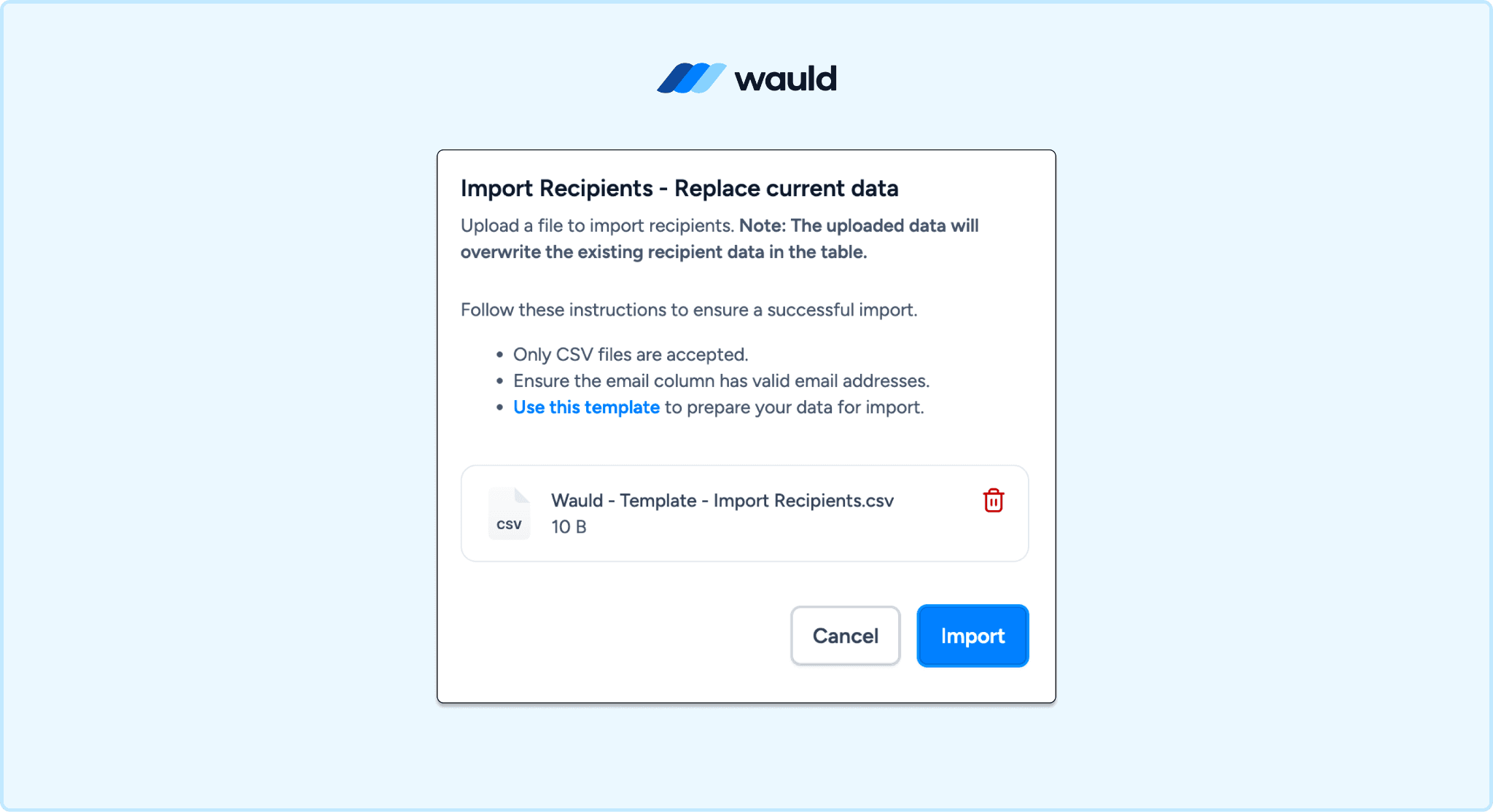 Wauld bulk issuance screen with CSV file upload and column mapping interface