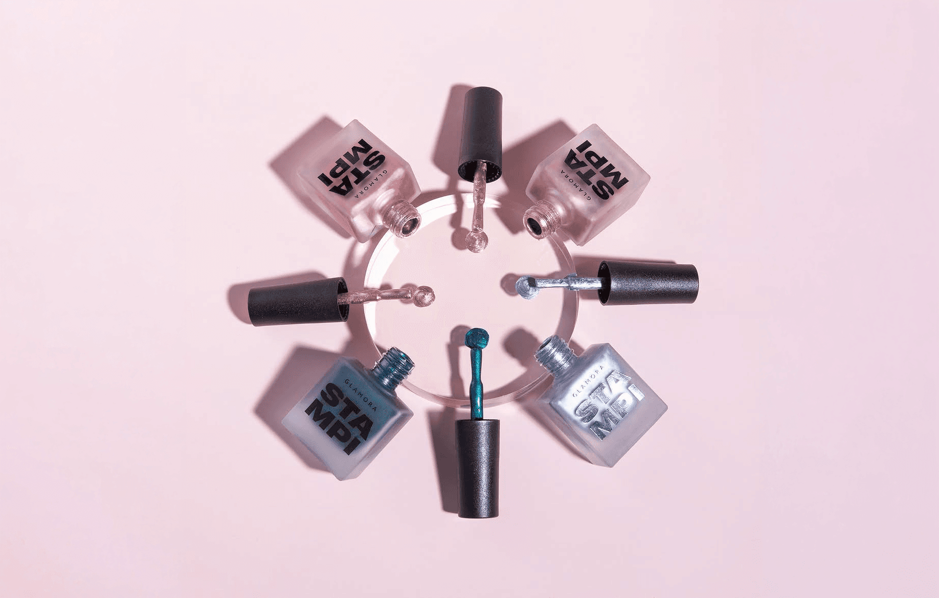 Glamora Stampi packaging balancing playful nail art with the parent brand identity