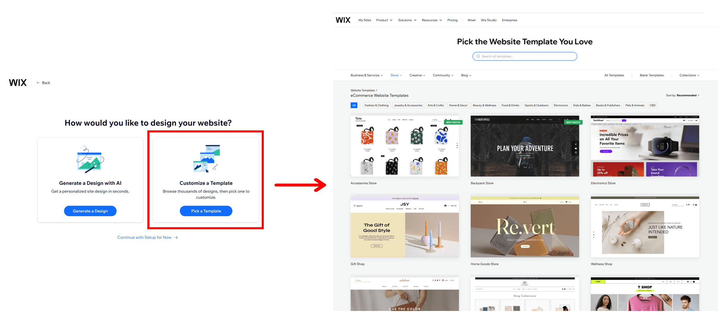Wix offers two main design options—users can either generate a layout with AI or manually customize one of over 800 industry-specific templates.