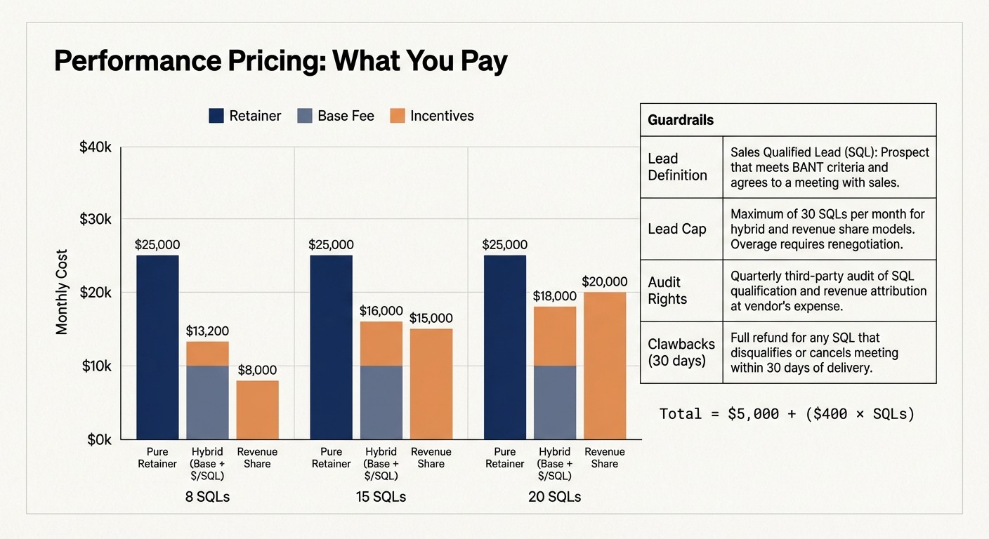 HVAC marketing agency pricing comparison chart showing retainer, hybrid performance model, and revenue share options with guardrails