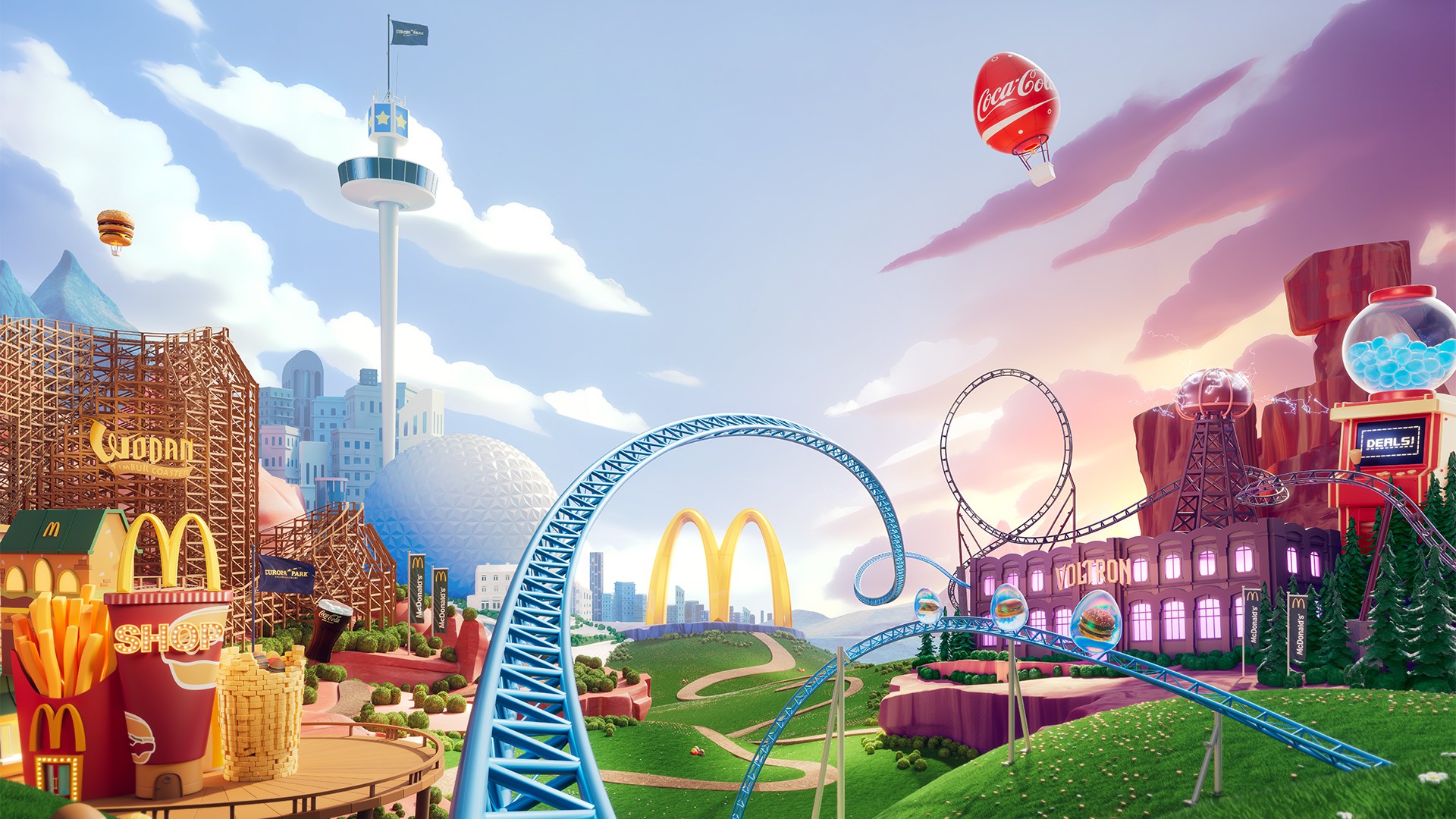 A colorful cartoon landscape featuring amusement rides, balloons, and vibrant sky with clouds.