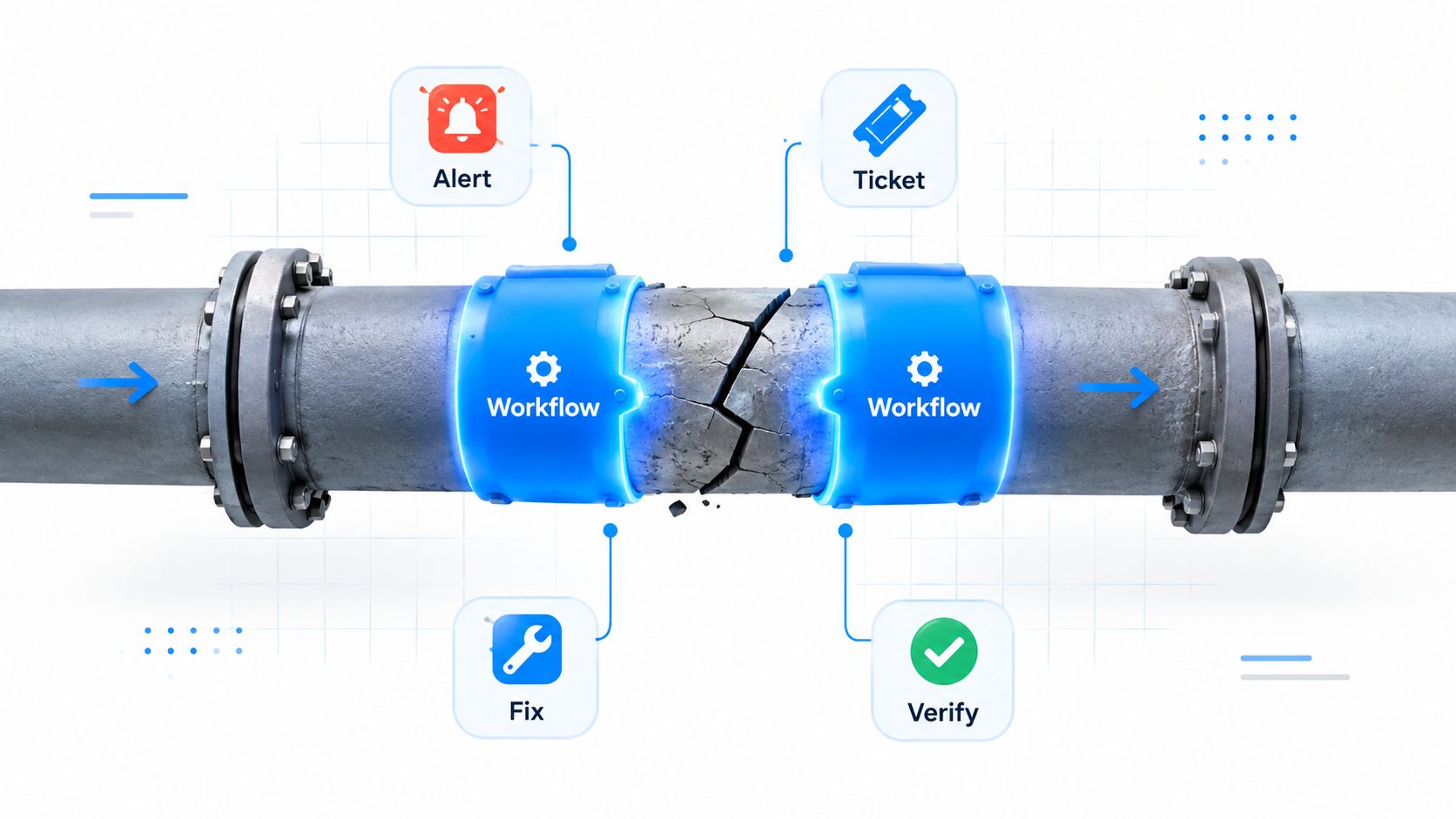 A conceptual diagram showing a broken industrial pipe with workflow icons representing alert, ticket, fix, and verify processes.