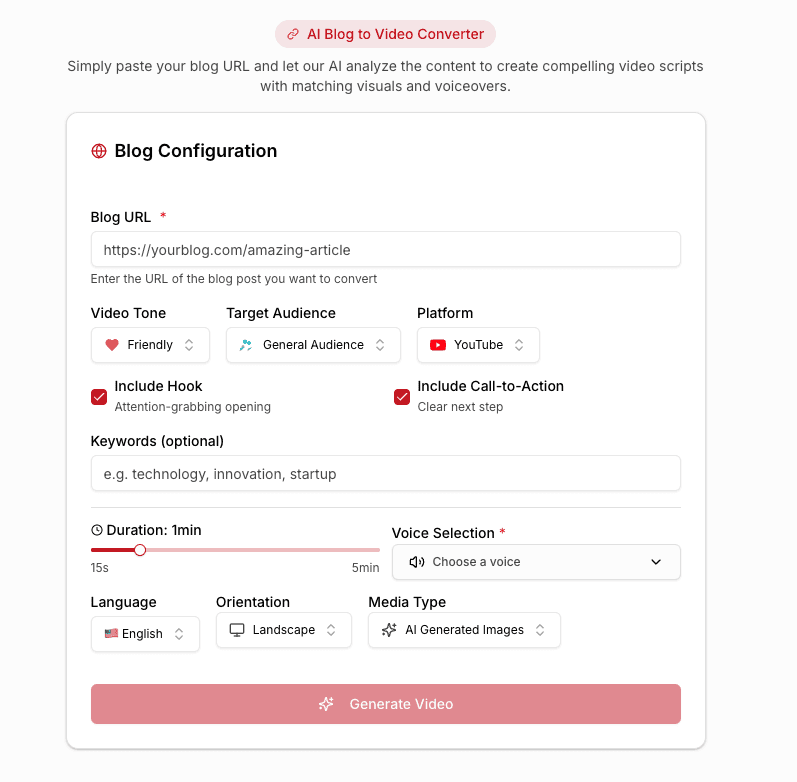 Adori AI Blog to Video User Interface